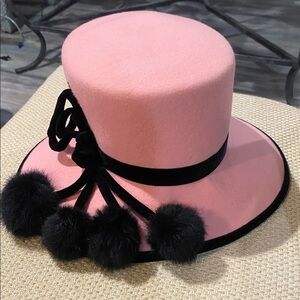 Elegant Pink and Black Felt Women's Hat w/fake fur Pom poms